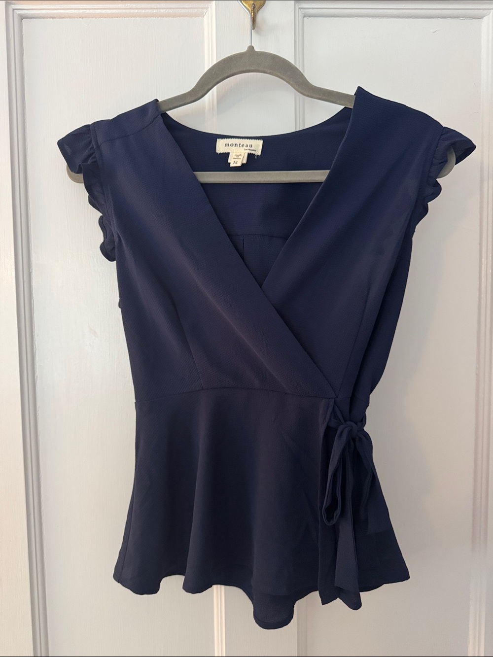 Monteau Navy Wrap Peplum Blouse with Tie Waist